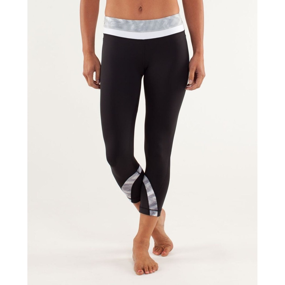 LULULEMON Run Inspire Crop II Yoga Pants Leggings Black Gray Womens 6 Pockets